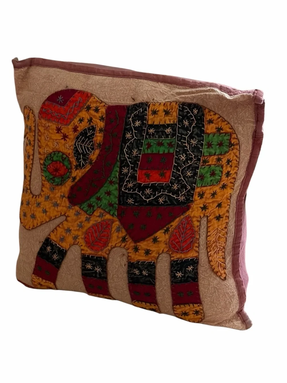 Hand‑Embroidered Elephant Decorative Pillow – Boho Patchwork Cushion Cover